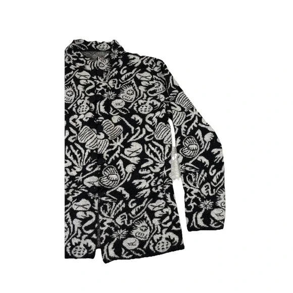 Baby Alpaca Sweater Cardigan Womens Medium Black Floral Animal Knit Button Peru